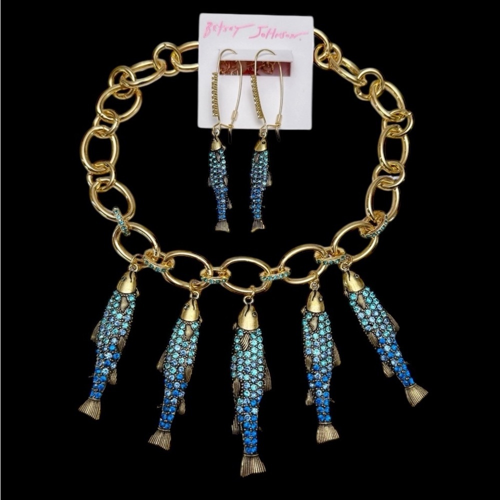 BETSEY JOHNSON SET Mermaid Jewels Crystal-Studded Fish Earrings & Necklace NWT